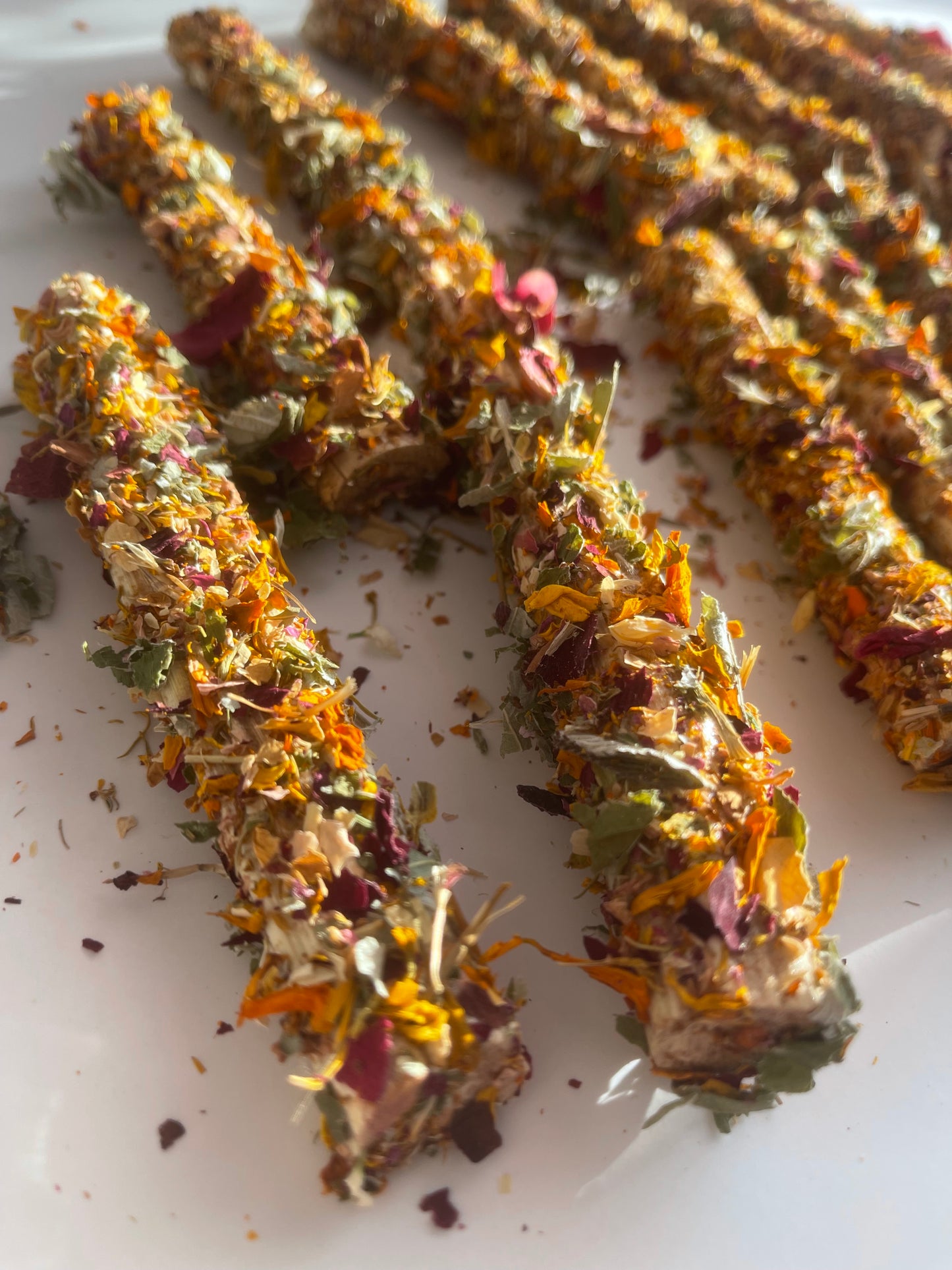 Bamboo chew sticks with spring flowers