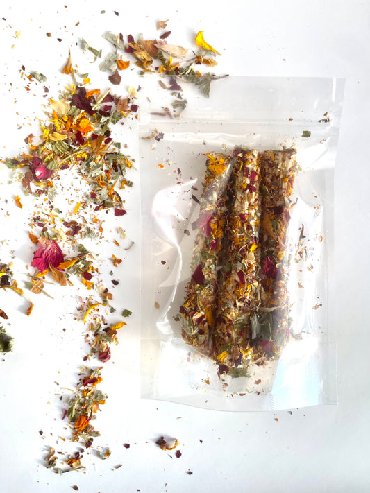 Bamboo chew sticks with spring flowers